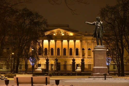 площадь, ночь, город, статуя, санкт-петербург, желтые, черные, коричневые