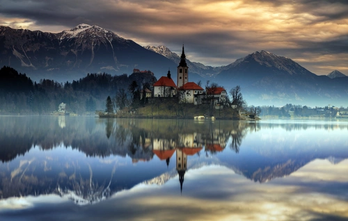 Словения, горы, озеро, остров, замок, Блед, вода, отражение