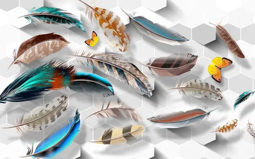 3D, минималистское стерео, цветные перья, бабочки, серые