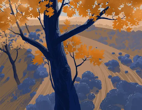 деревья, холмы, пейзаж, искусство, вектор, осень, синие, голубые, бежевые, оранжевые