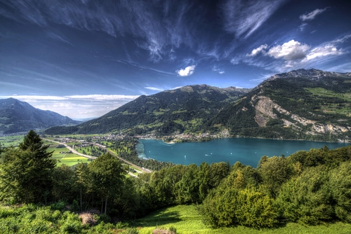 природа, швейцария, озеро, горы, синие, лес, деревья, зеленые