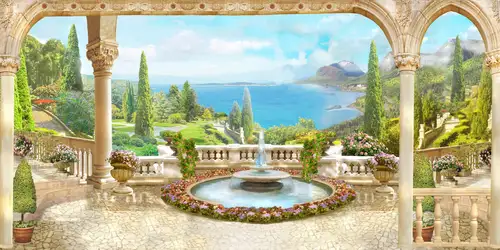 панорама, фонтан, море, арка, арки, терраса, зеленый, голубой, бежевый, колонны, колонна, горы, деревья, цветы