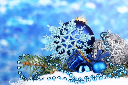 снежинка, шар, новый год, снег, зима, праздник, синие, голубые