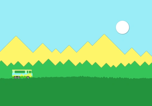 рисунок, небо, солнце, трава, горы, автобус, голубые, зелёные