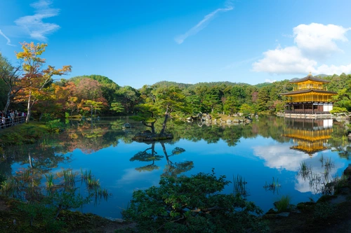 озеро, пагода, япония, природа, отражение, желтые, синие, зеленые
