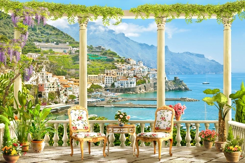 балкон, колонны, столик со стульями, растения, цветы, море, горы, дома, голубые, зелёные, бежевые