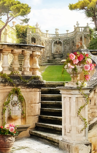лестница, замок, ваза, цветы, бежевые, зеленые, белые, HD