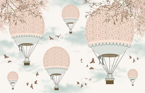 небо, воздушные шары, птицы, ветви с листьями, облака, розовые, голубые