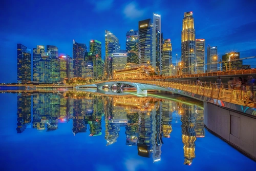 Сингапур, дома, небоскребы, мосты, море, залив, синие, жёлтые