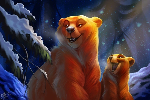 медведь, медвежёнок, кусты, снег, синии, коричневые