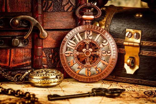 старинные предметы, карманные часы, антиквариат, ключ, сундук, коричневые, бежевые