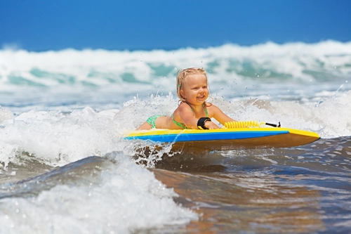 дети, волны, серфинг, океан, пляж, коричневые, синие, желтые
