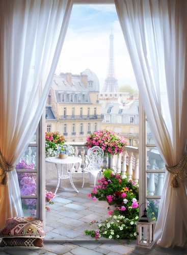 балкон, франция, эйфелева башня, столик, цветы, зановески, белые, бежевые