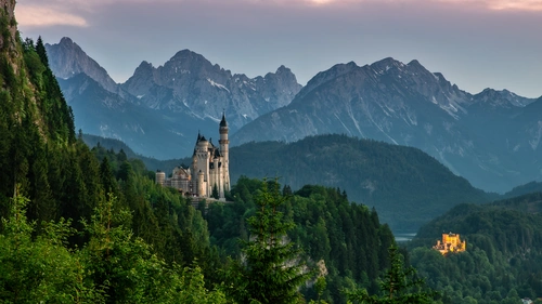 Германия, горы, замки, Нойшванштайн, Бавария, зелёные, голубые