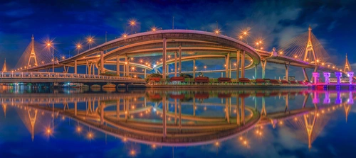 бангкок, тайланд, мост, ночь, огни, небо, река, отражение, синие, коричневые