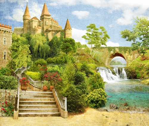 замок, река, средневековье, парк, коричневые, голубые, зеленые, hd
