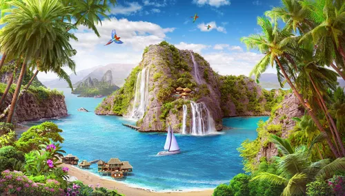 тропический остров, остров, водопад, водопады, попугай, попугаи, пальмы, пальма, море, эксклюзивные, растения, голубые, зеленые