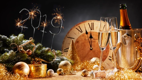новый год, шампанское, праздник, ель, желтые, коричневые, зеленые
