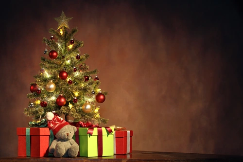 елка, подарки, новый год, праздник, коричневые, зеленые, красные, желтые