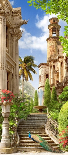 павлин, фонтан, лестница, ступени, пальма, колонна, цветы, зелень, растительность, бежевые, голубые, зеленые