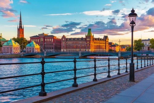 Швеция, Стокгольм, рассвет, мост, вода, голубые, фиолетовые