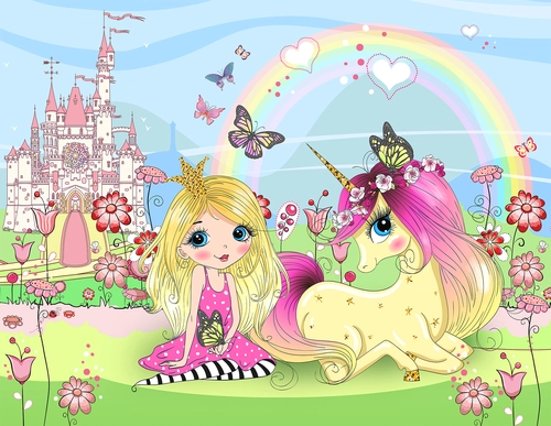 детские, принцесса, единорог, сказка, волшебство, замок, мультфильм, розовые, розовый, радуга, цветы, бабочки, желтый, желтые, голубой, зеленый, зеленые, сердце