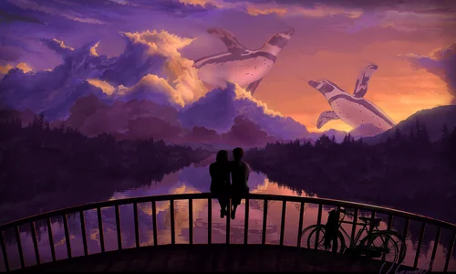 фентези, небо, облака, пингвины, река, лес, мост, пара, велосипеды, закат, оранжевые, фиолетовые, синие