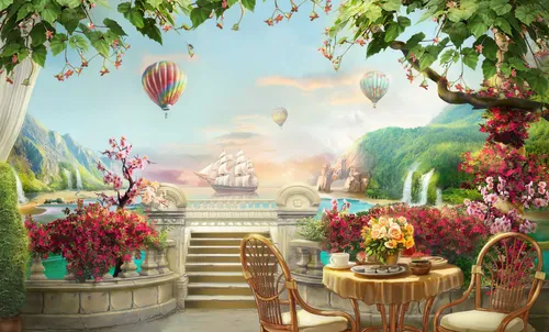 терраса, стол, воздушный шар, эксклюзивные, бежевые, зеленые, голубые, кусты, цветы, стул, стулья, корабль, горы, лестница
