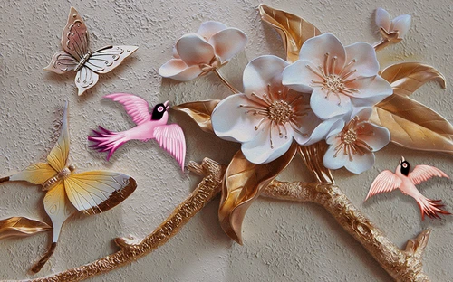 3D фон, цветы, бабочки, птицы, серые, бежевые
