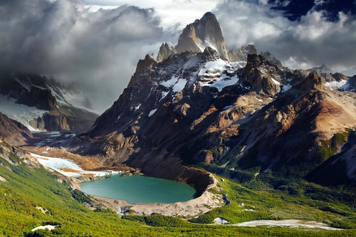 гора, облака, природа, озеро, серые, зеленые, черные, аргентина