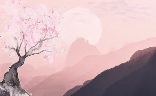 дерево, сакура, горы, гора, луна, розовые, нежные, акварель, живопись, рисунок