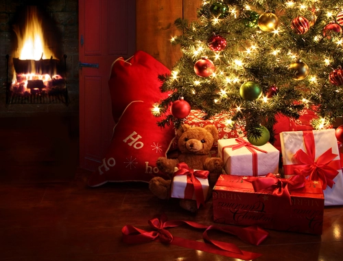 мишка, подарки, новый год, праздник, ель, зеленые, коричневые, красные