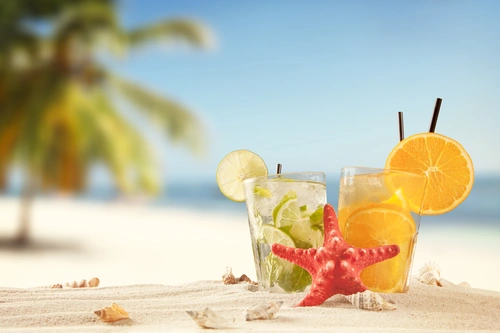 пляж, песок, лето, морская звезда, ракушки, напитки, фрукты, отдых, голубые, бежевые, оранжевые