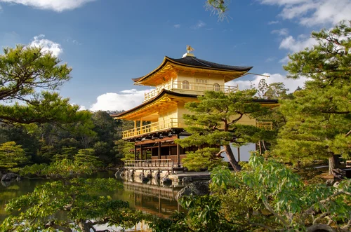 пагода, япония, река, природа, желтые, зеленые, синие