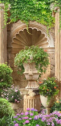 ваза, статуя, колонны, цветы, вода, зелень, растительность, бежевые, зеленые