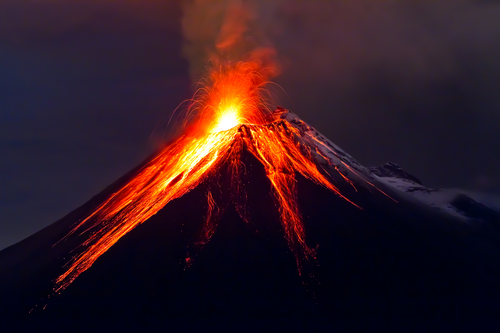 вулкан, ночь, извержение, оранжевые, черные, природа, желтые
