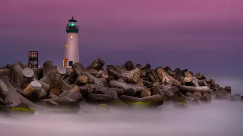 маяк, море, небо, туман, брёвна, фиолетовые, коричневые