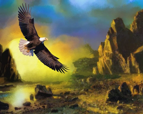 орел, птицы, скала, скалы, гора, горы, луна, солнце, закат, рисунок, иллюстрация, синие, желтые, коричневые