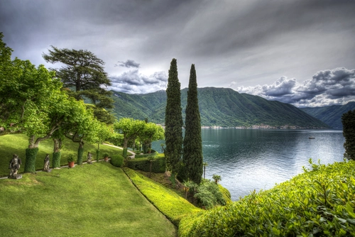 озеро, кипарис, природа, италия, деревья, зеленые, серые