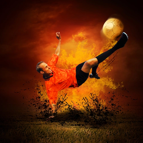 футболист, игра, футбол, удар, мяч, трава, оранжевые, зелёные