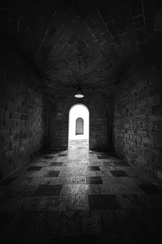 туннель, коридор, арка, вход, черно-белые, темные