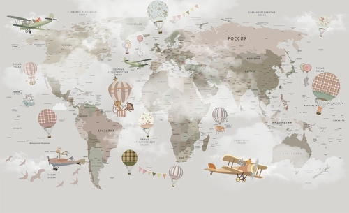 детские, карта мира, воздушные шары, звери, самолёты, серые, бежевые