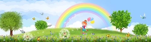 девочка, детские, радуга, небо, голубой, сиреневый, салатовый, зеленый, цветы, поляна, панорама, деревья, бабочки
