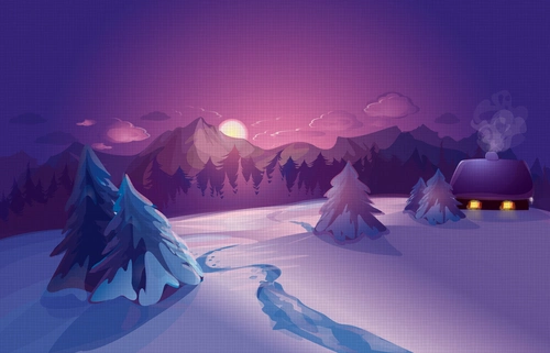 рисунок, зима, снег, избещка, горы, ёлки, фиолетовые