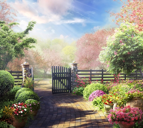 забор, цветы, сад, голубые, зеленые, HD