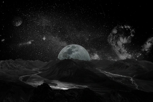 луна, космос, сказочные, фэнтази, звезды, вода, горы, гора, небо, ночь, черные, темные, серые