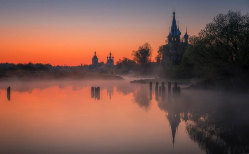 закат, река, церковь, Россия, Дунилово, оранжевые