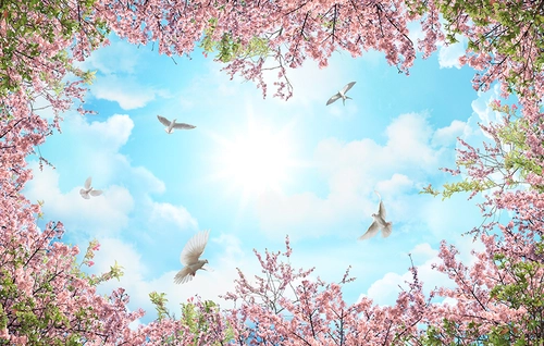 небо, ласточка, голубь, птицы, цветы, растительность, потолок, потолочные, голубые, розовые