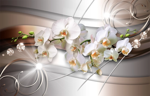 цветы, орхидеи, узоры, бутоны, бриллианты, блеск, белые, коричневые