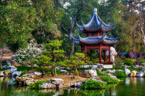пагода, парк, природа, озеро, красные, зеленые, деревья, лес
